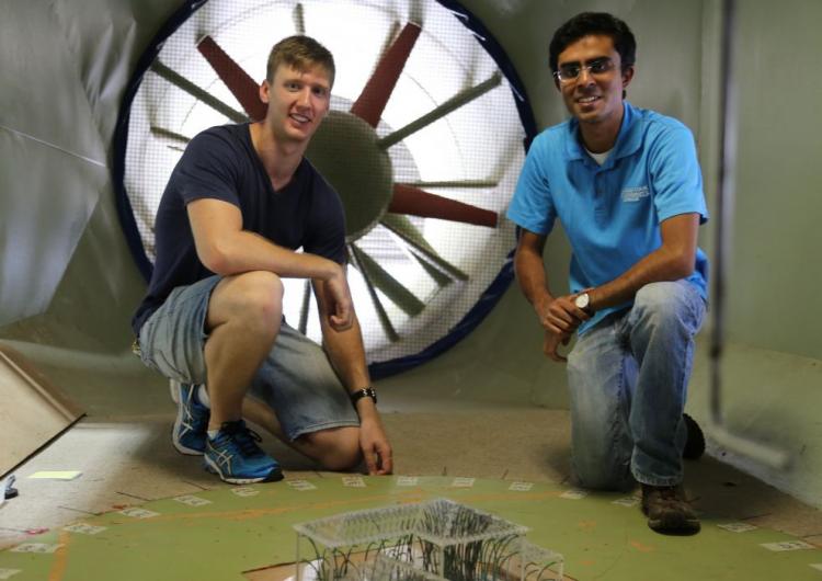Dr Korah Parackal (right) and Mitchell Humphreys at the James Cook University Cyclone testing station. Photo: James Cook University