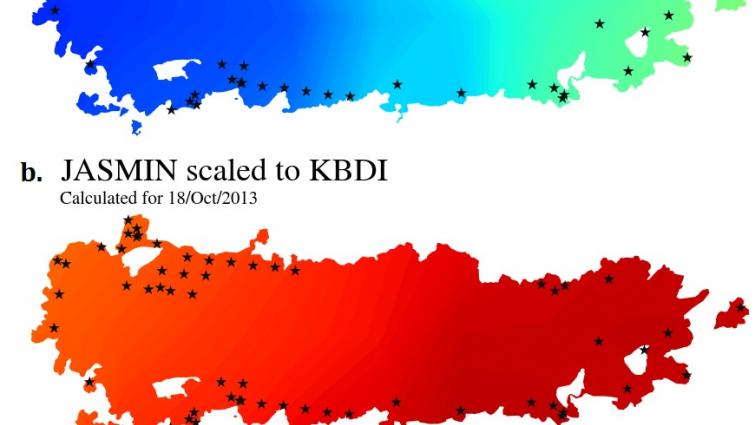 KBDI and the rescaled JASMIN soil dryness for the State Mine fire in NSW, Oct 2013.
