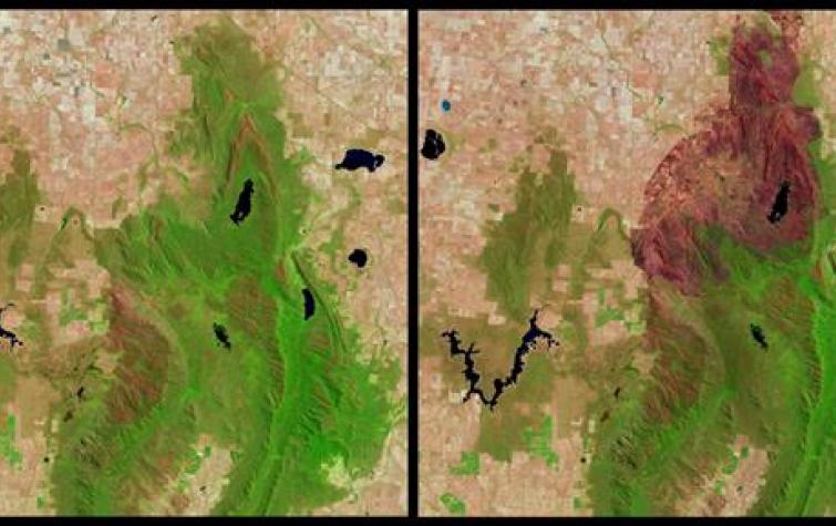 Northern Grampians, Landsat before and after fire January 2013. Photo: NASA