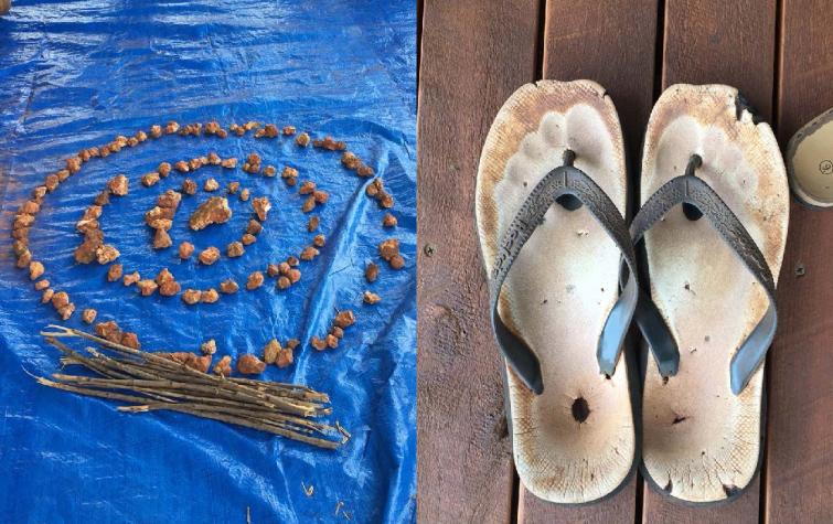 (left) Depiction made by community participants of their community, its relationships and capabilities. (right) Footwear of a Traditional Owner. This project has sought to understand the outlook and views of community members and to ‘walk a mile in their 