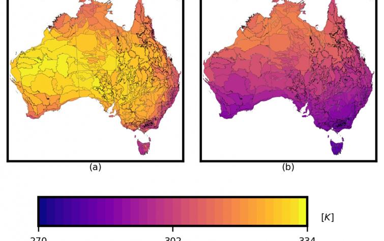 Maps of 04:00 UTC (14:00 EST) Bright media 3.9µm threshold values per interim biogeographical regionalisation of Australia (IBRA) sub-region for a) early-summer and b) early-winter, demonstrating the spatial and seasonal variations in Bright threshold val