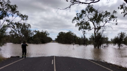 A photo of a flooded road in Queensland in 2022. Photo courtesy of QFES. 